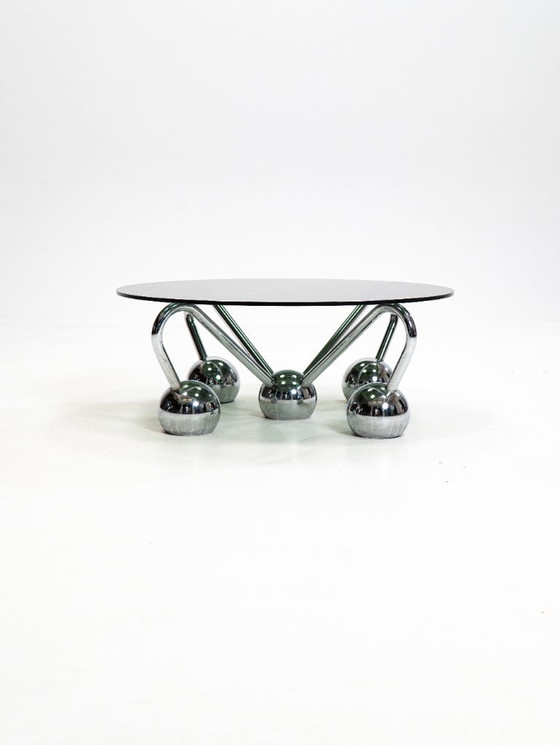 Image 1 of Sputnik salontafel in verchroomd metaal en gerookt glas, jaren 70, Italië
