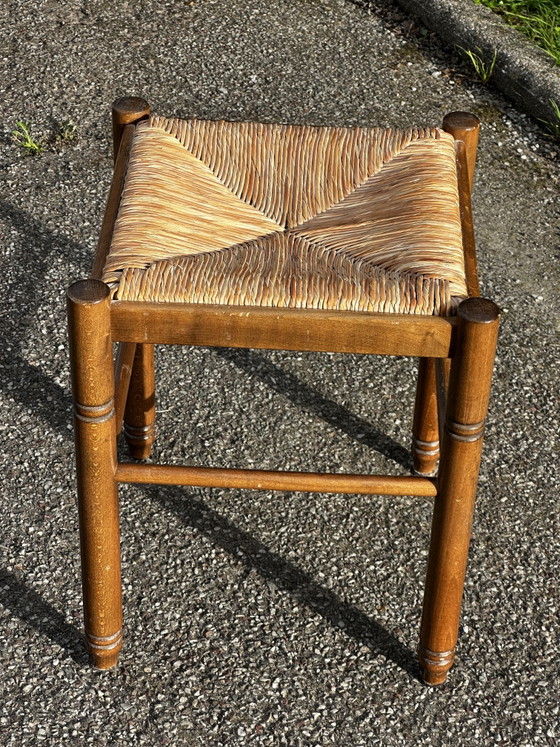 Vintage Wooden Stool with Straw Seat – 60s (photo 2 of 4)