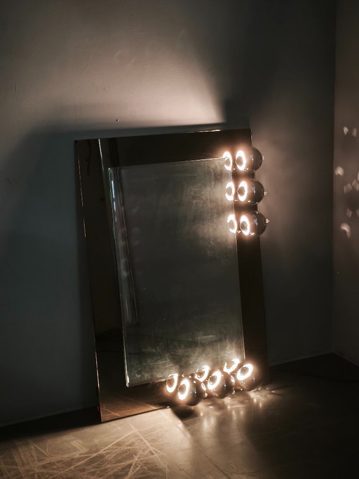Specchio italiano Space Age con sei luci a occhio cromate, anni '70 – spiegels, Metal (photo 2 of 11)