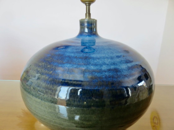 Image 1 of Impressive lamp in iridescent blue ceramic with green gradients, France, circa 1960