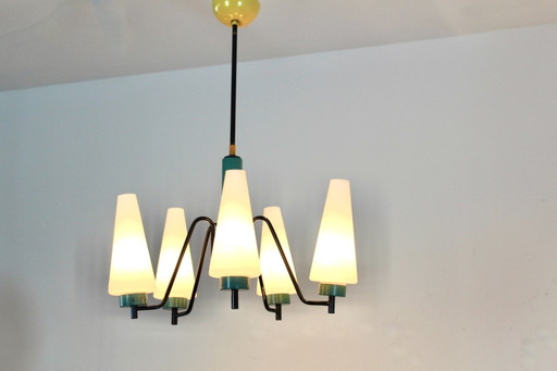 Suspension néerlandaise en acier, bois et verre opalin