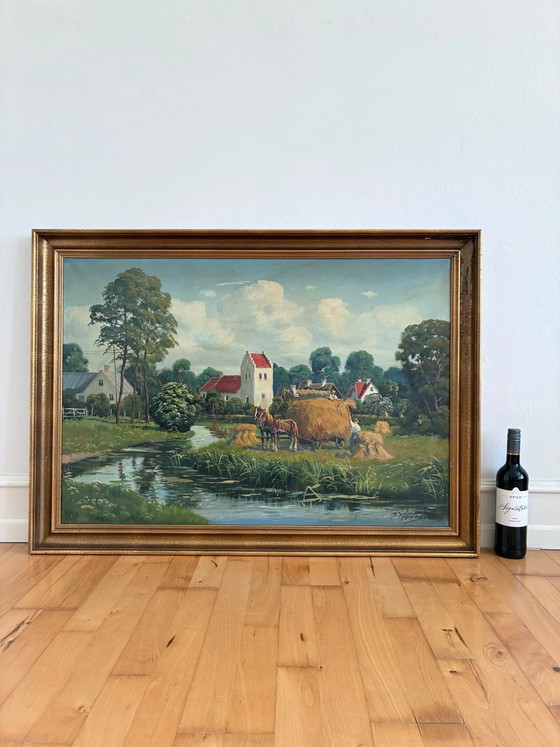 Image 1 of Peinture à l'huile originale vintage de grand paysage, signée, art champêtre