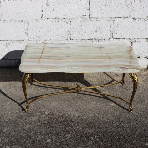 Image 1 of French Vintage Onyx Marble and Brass Coffee Table-Big Cocktail Table-Rare Lounge Table- Regency Style-70s