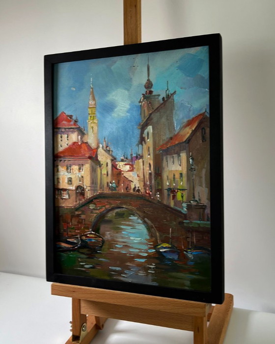 Original Oil Painting Urban Landscape Architecture Bridge City With A River – Paintings & Drawings, Mdf (photo 3 of 9)