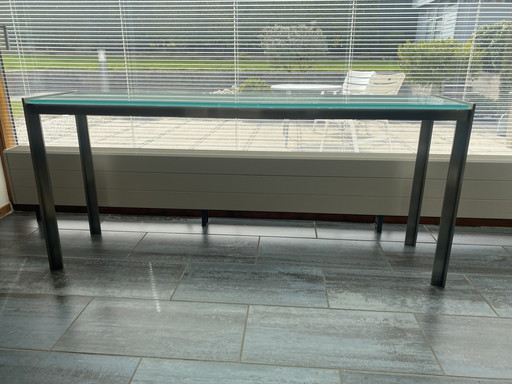 Console tafel met groen/blauwig glas 
