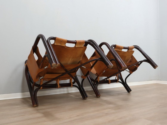 Image 1 of Tito Agnoli fauteuil uit het midden van de 20e eeuw, leer en bamboe, jaren 60.
