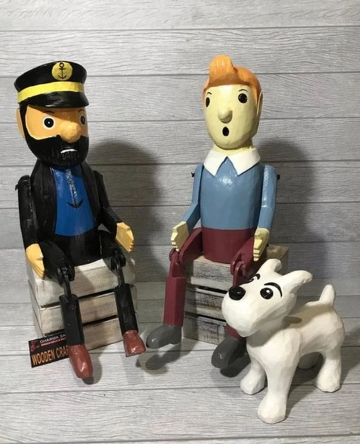 Set mit 3 handgefertigten Tim-und-Struppi-Holzfiguren – Tim, Struppi und Kapitän – 40 cm