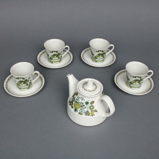 Figgjo Flint Turi Design, Juego de 4 tazas y platillos y tetera con decoración Market