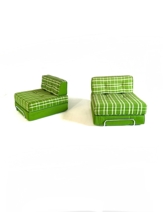 Set of 2 vintage convertible armchairs, Germany '80s, Chrome, Textile, Green (photo 14 of 14)