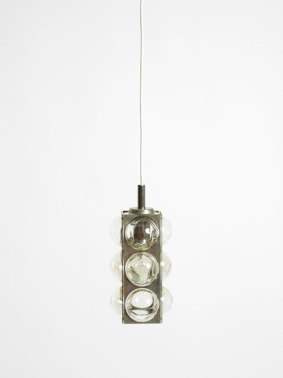 Image 1 of Beautiful 1960s Space Age pendant lamp by Temde, made of glass and nickel-plated metal