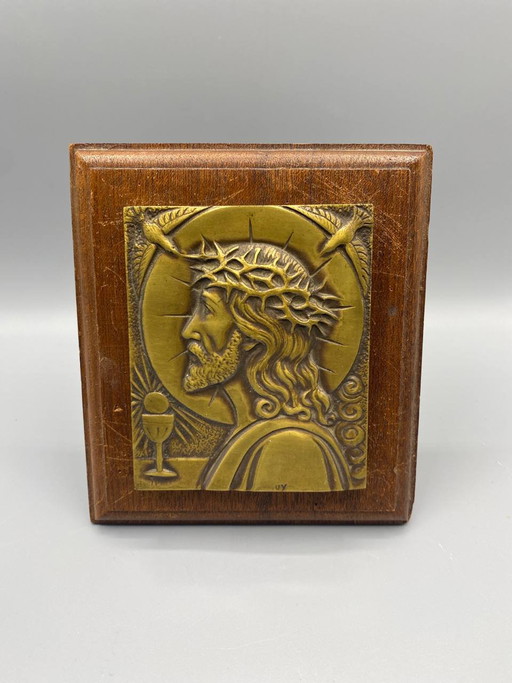 Abnehmbare, modernistische religiöse Gedenktafel – Christus im Profil – Patiniertes Metall – Um 1940/60