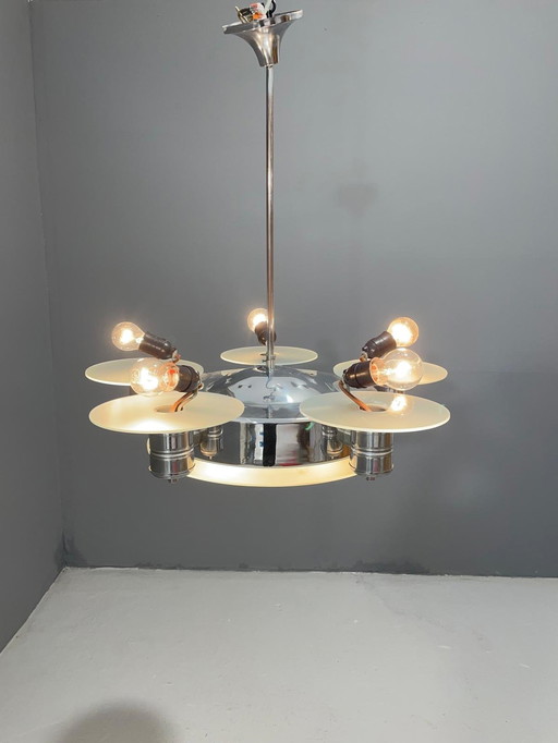 1930s Art Deco Chrome Chandelier with Frosted Glass Disc Shades – Czech Vintage Lighting
