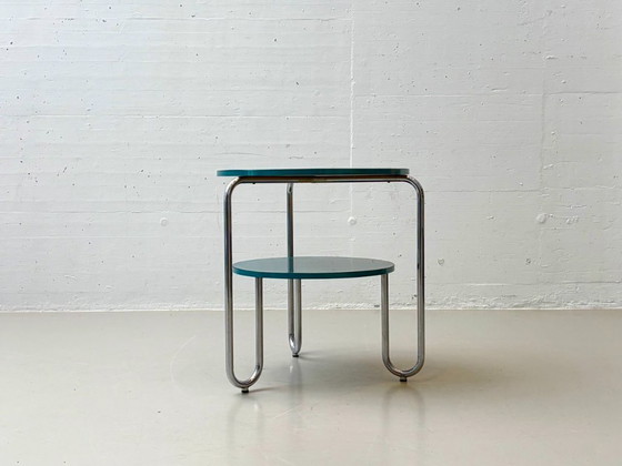 Image 1 of Bauhaus loop table with petrol-colored Resopal coating, 1960s