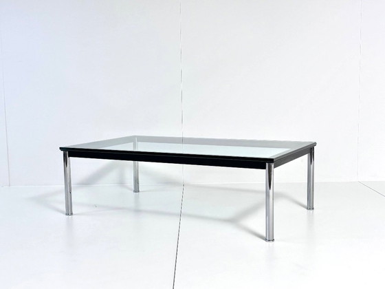 Vintage Glass Coffee table, Chrome & black metal frame, Made in Italy, Transparent, Modern (photo 4 of 15)