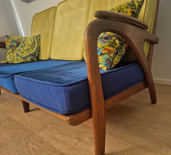 1950s wooden bench with designer upholstery – 3-5 seaters, Textile (photo 3 of 5)