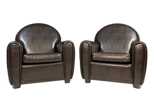 Pair of Leather Armchairs in French Art Deco Style, 1970s