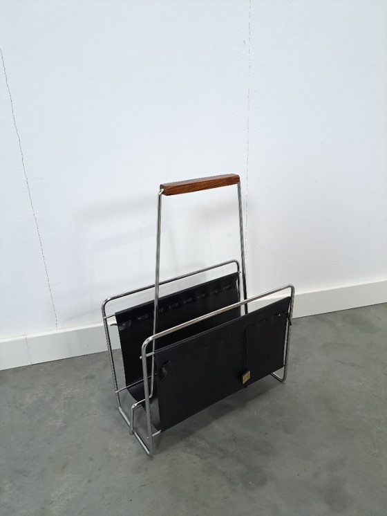 Image 1 of Design Voss jaren 70 leren tijdschriftenrek met chroom