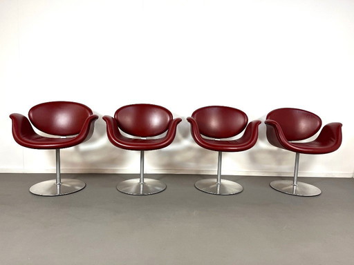 4 sedie da pranzo a forma di tulipano in pelle bordeaux di Pierre Paulin per Artifort, anni '90