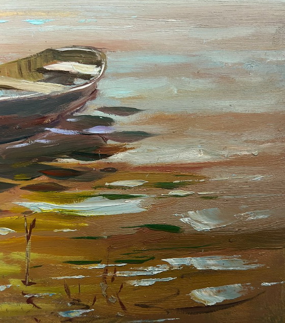 Image 1 of Pintura al óleo original Paisaje fluvial costero Río en los brazos del bosque