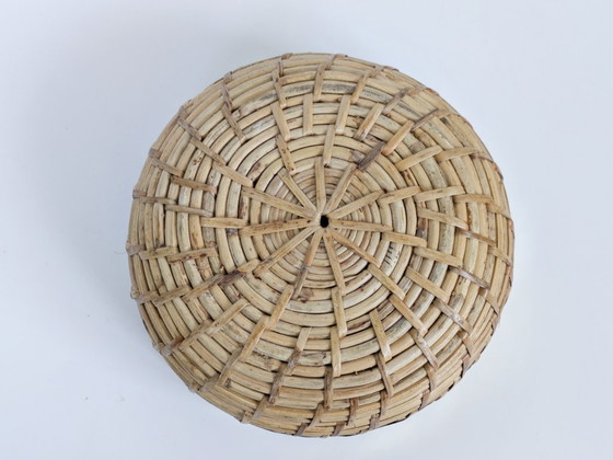 Image 1 of Vintage Rattan Brass Bowl Gabriella Crespi Style 1970s Handwoven Fruit Basket