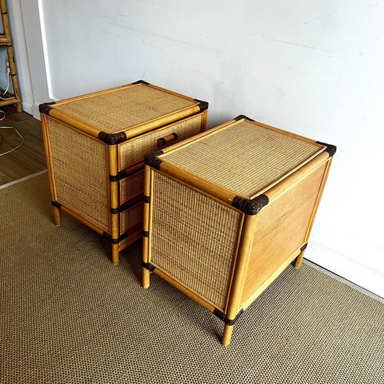 Image 1 of 2 Rattan Bamboo Nightstands Vintage