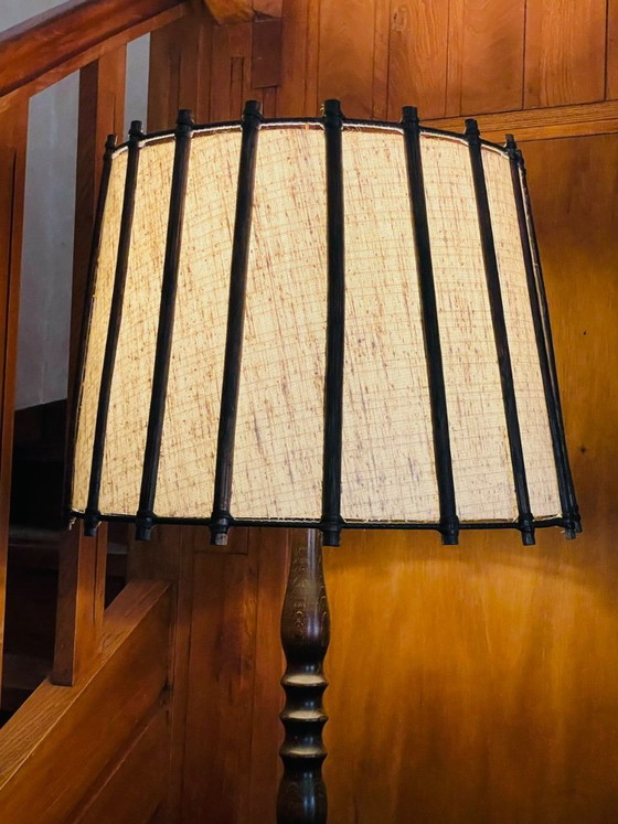 Image 1 of Mid-Century, Turned Wood, Bamboo Rattan Floor Lamp Circa 1950s