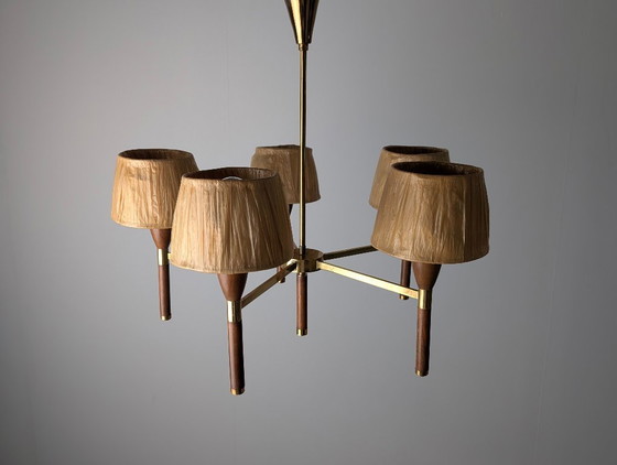 Image 1 of Danish Five-Arm Chandelier in Wood and Brass, 1950s