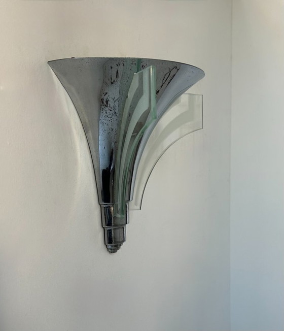 Image 1 of Lampada da parete modernista Art Déco, cromo e vetro sabbiato, Francia 1930