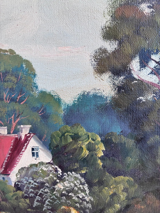 Image 1 of Peinture à l'huile originale vintage de grand paysage, signée, art champêtre