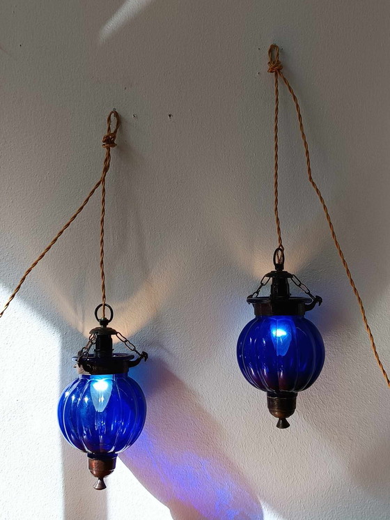 Image 1 of 2x Lampes Photophores en Verre Bleu Inde