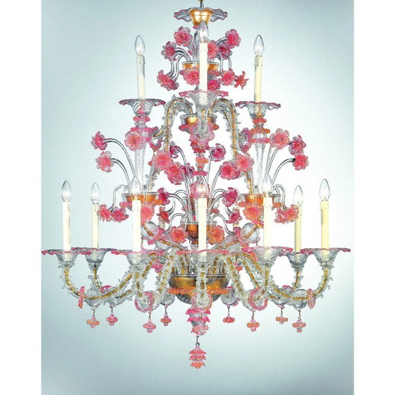 Image 1 of Venetiaanse kroonluchter "Ca' Rezzonico" in transparant Murano-glas met roze bloemmotief.