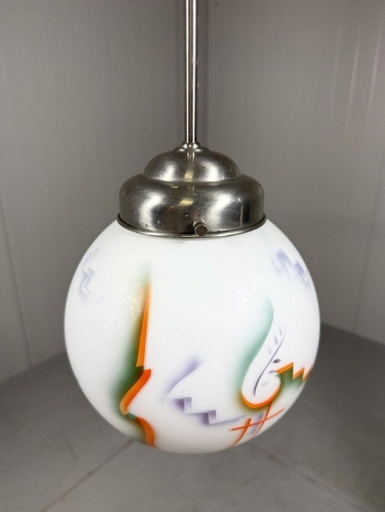 Image 1 of Art-Deco-Pendelleuchte aus Buntglas