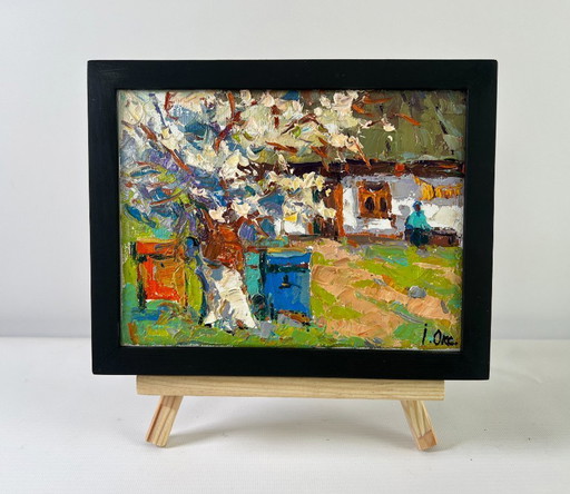 Original Oil Painting Summer House Landscape Old apple tree