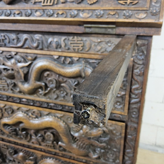 Image 1 of Antique 19th Century Chinese Writing Desk Mythological Dragon Wood Carving / Bohemian / Asian / Oriental (Huanghuali Wood)