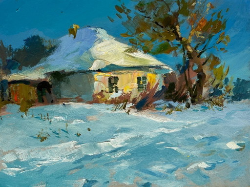 Pintura al óleo original: Paisaje de casa de invierno. Hermosa mañana de invierno.