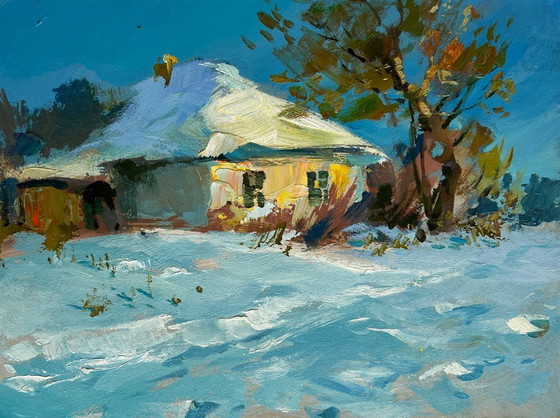 Image 1 of Origineel olieverfschilderij: Winterhuislandschap, prachtige winterochtend