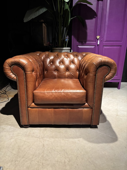 Chesterfield Club Armchair Tabacco Colour Leather New Condition