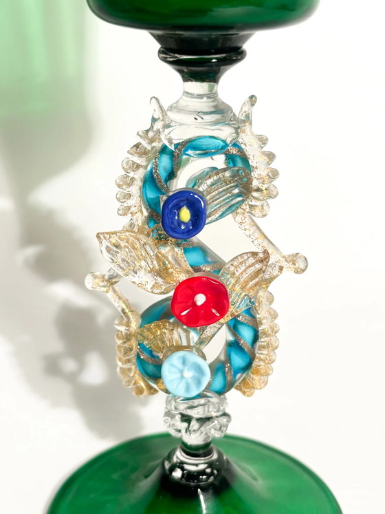 Calice in vetro di Murano soffiato anni '70 con decorazioni floreali, Oggetti decorativi (foto 5 di 10)