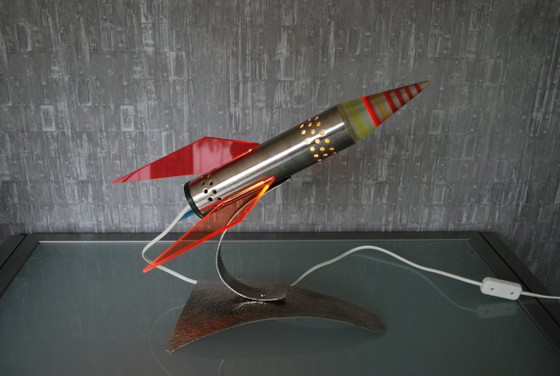 Image 1 of Rocket lamp, Red Yellow Blue made of stainless steel 1970s Space age, handmade