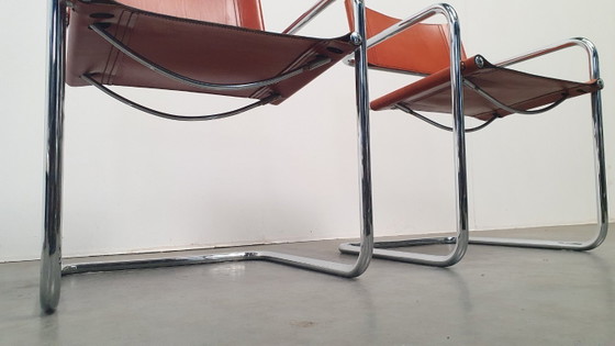Image 1 of Fasem Italy 70s vintage chairs cognac harness leather, Mart Stam Breuer