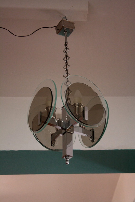Vintage Art Deco chandelier in chromed metal and glass, Italy, 1970s