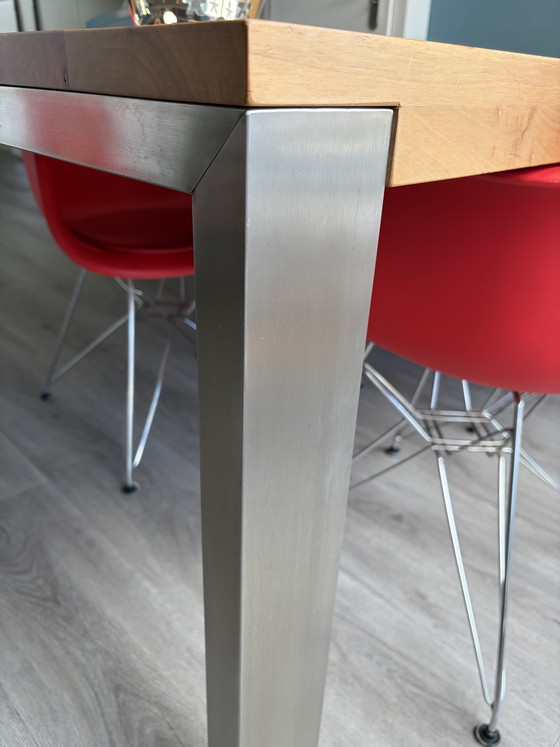 Image 1 of Dining table by Bert Plantagie, model Bridge nutcracker, with stainless steel base 180cm x 100cm, leg width 10cm x 4cm