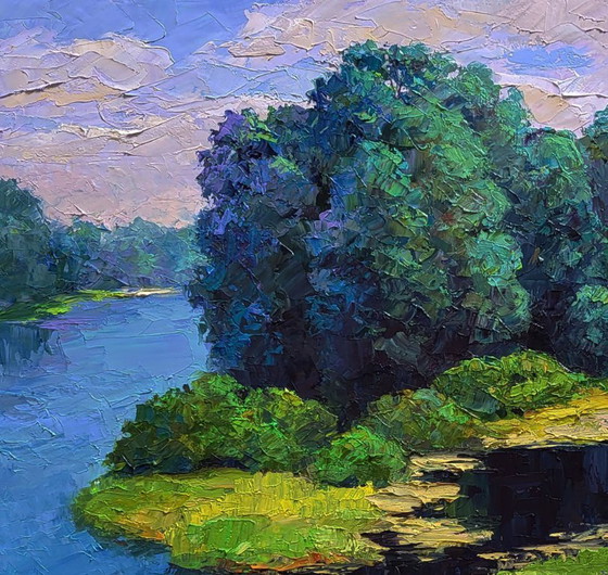 Image 1 of Pintura al óleo original: Paisaje natural, relax veraniego en la playa del río.