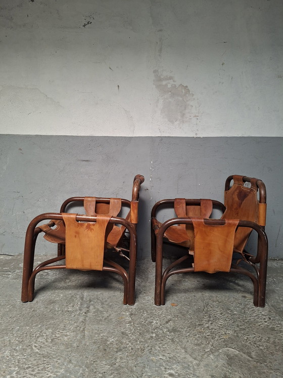 Image 1 of 2 poltrone safari in pelle e bambù di Tito Agnoli per Bonacina