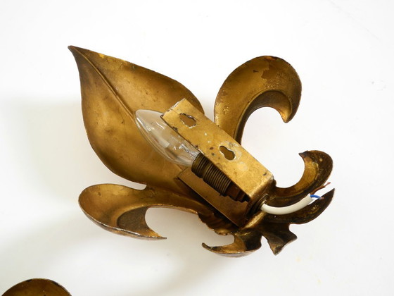 Image 1 of Una coppia di grandi lampade da parete a forma di giglio in metallo dorato degli anni '70, disegnate da Hans Kögl.
