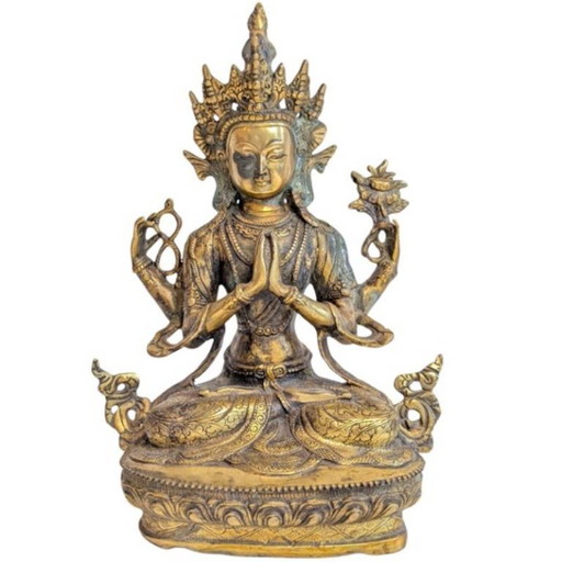 Avalokiteshvara (Chenrezig) à quatre bras en bronze doré – Himalaya – beeldhouwkunst, Gold
