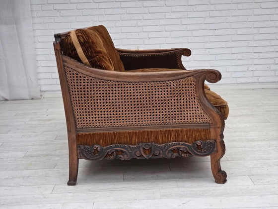 Image 1 of 1930-35s, Danish 3-seater sofa, furniture velour, furniture mesh, carved ash wood.