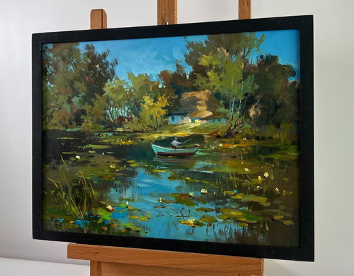 Original Oil Painting Summer River Landscape Quiet fishing