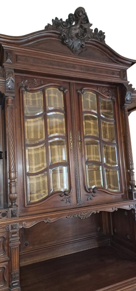 Large antique French Neo-Renaissance style sideboard cabinet, 1890s, Glass, Wood, Brown (photo 4 of 6)