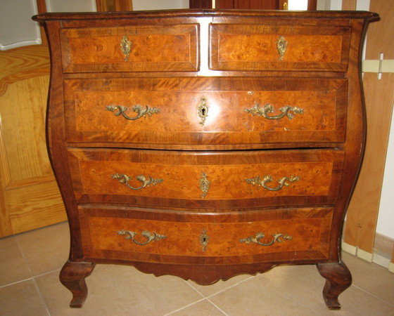 Cassettiera Bombé Antica - Stile Carlo III / Luigi XV (XVIII Secolo), Cassettiere, Legno, Metallo, Marrone (foto 6 di 6)